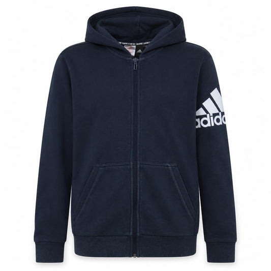Front view of Adidas boys’ navy blue full zip hoodie, size 13-14, years l sportswear