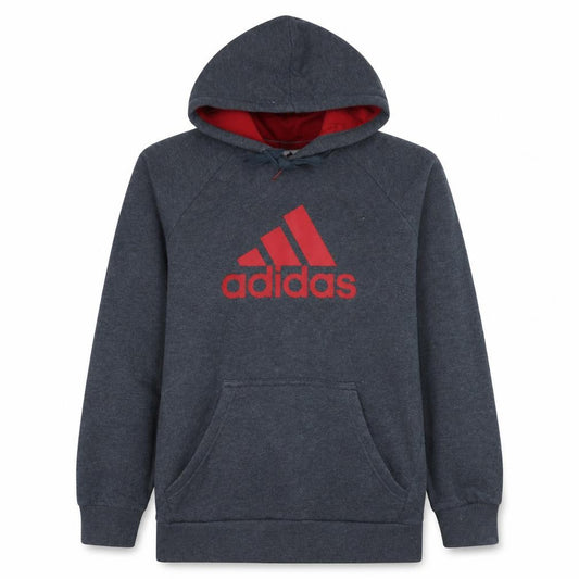 Front view of Adidas Men’s Grey Red Logo Pullover Hoodie, size M