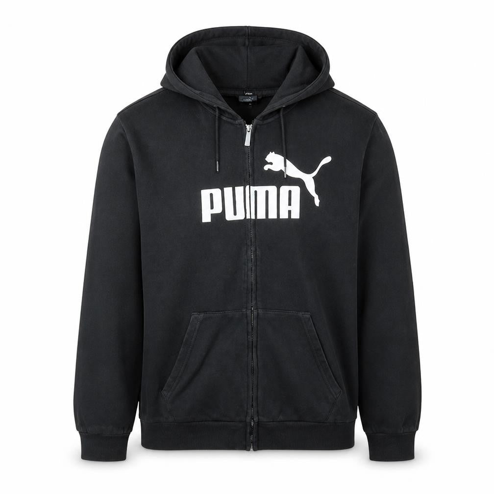 Front view of Puma Men's Black Full Zip Hoodie L Sports Logo Sweatshirt