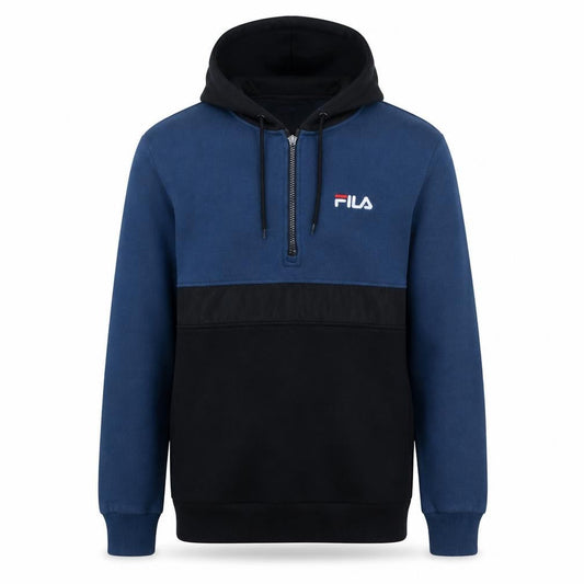 Front view of Fila Men's Blue Half Zip Hoodie, size S, Logo Sportswear