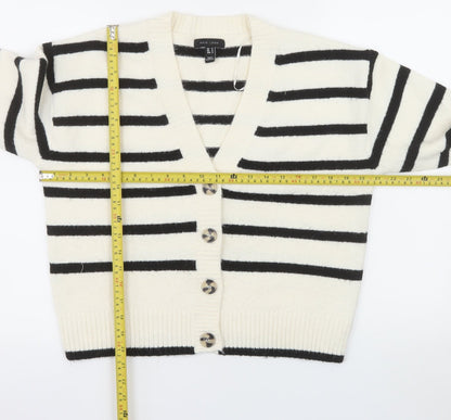 New Look Women Ivory Black Striped V-Neck Cardigan Size S