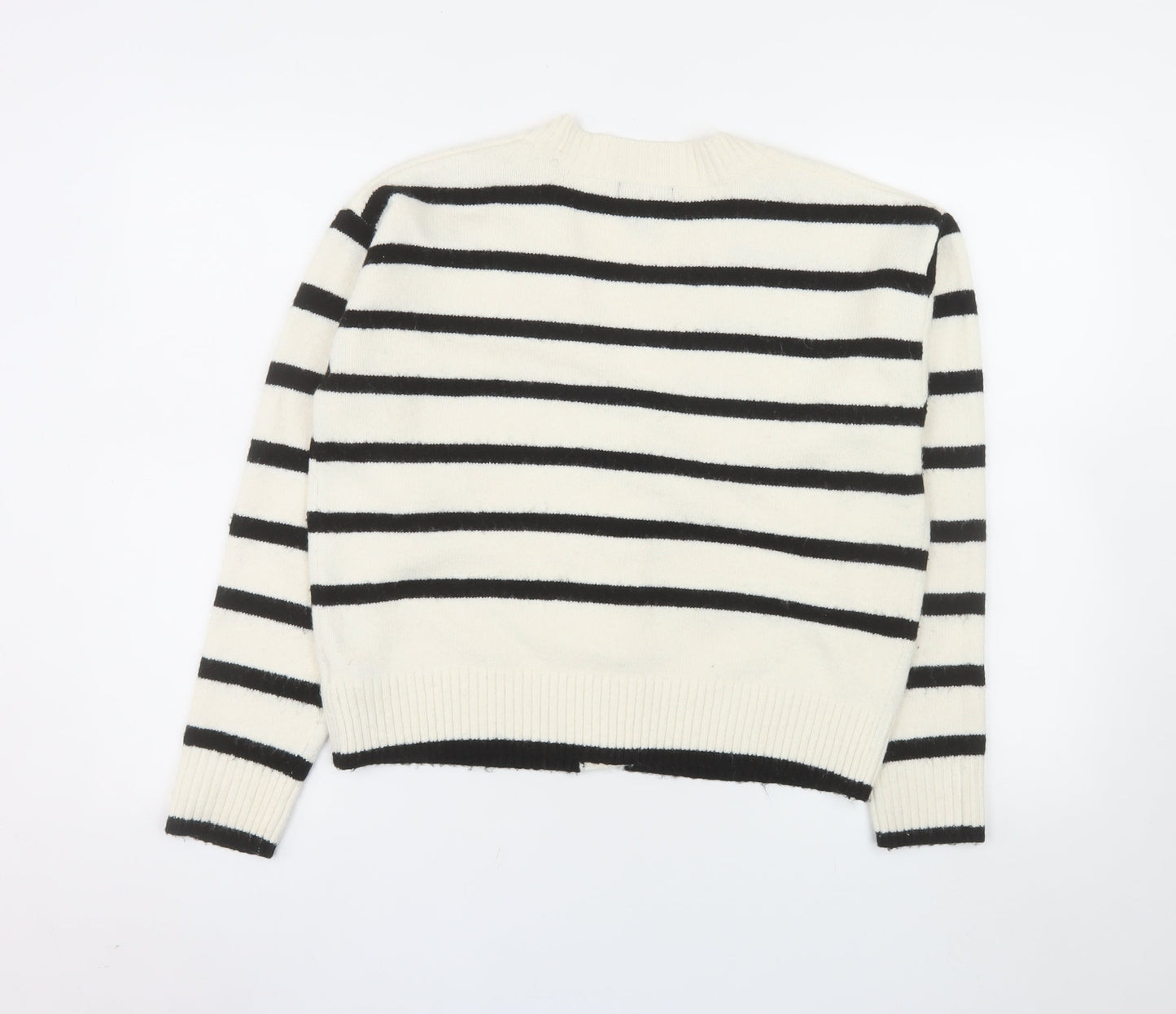 New Look Women Ivory Black Striped V-Neck Cardigan Size S