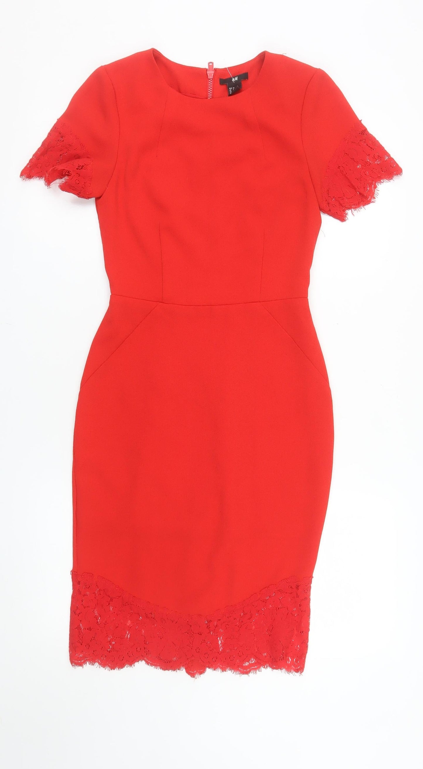 H&M Women’s Red Sheath Lace Trim Knee Length Dress Size 6