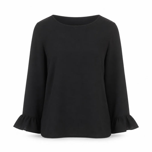 Front view of Dunnes Women's Black Long Sleeve Ruffle Blouse, size 8