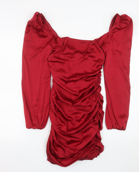Oh Polly Women’s Red Ruched Satin Bodycon Mini Dress Size 10