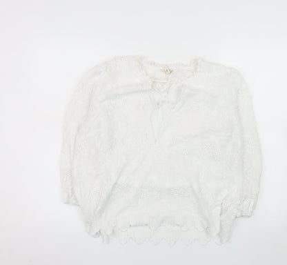 River Island Women White Cotton Embroidered Long Sleeve Peasant Blouse Size 14