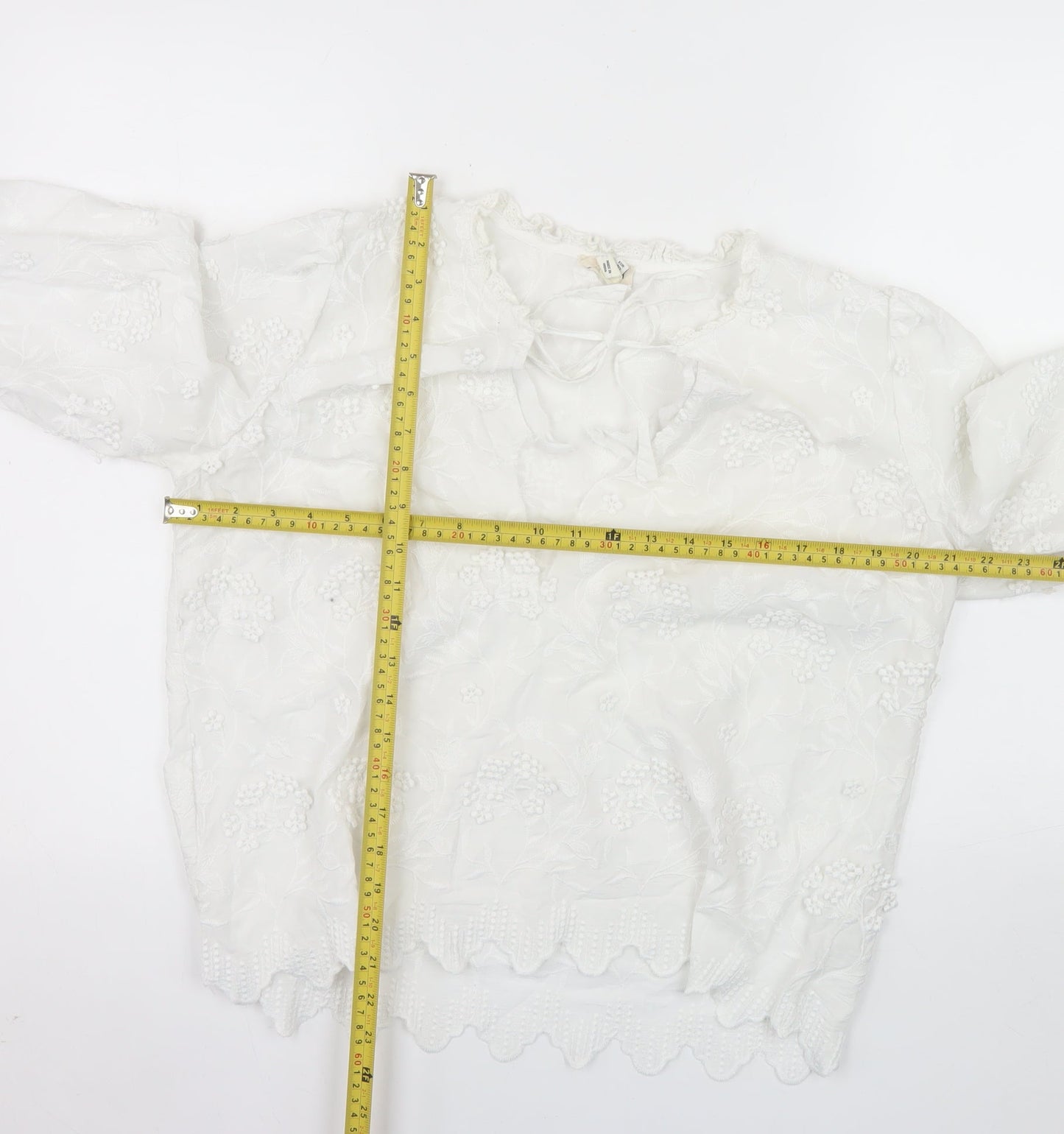 River Island Women White Cotton Embroidered Long Sleeve Peasant Blouse Size 14