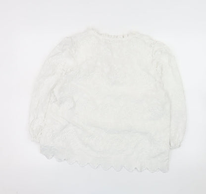 River Island Women White Cotton Embroidered Long Sleeve Peasant Blouse Size 14