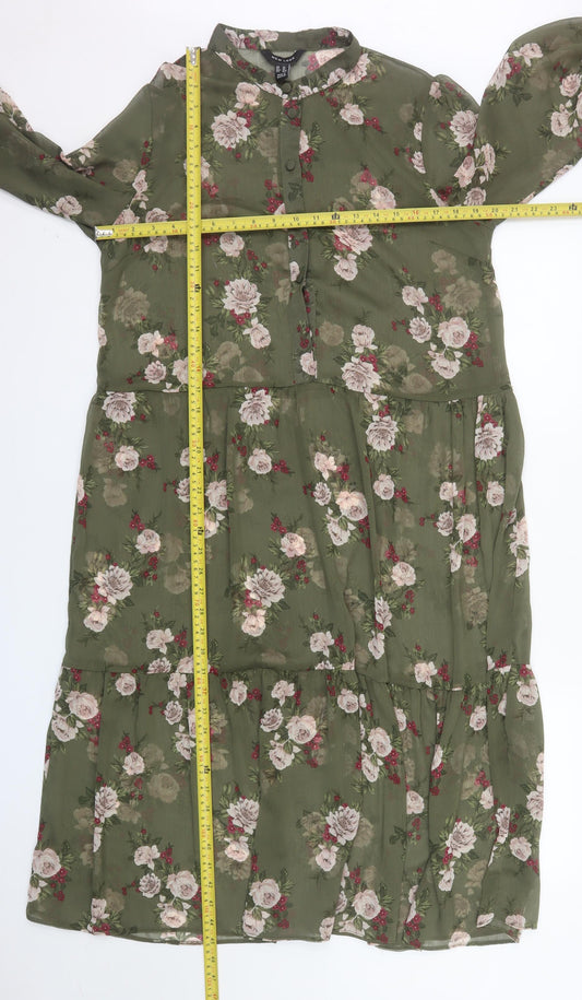 New Look Women Green Floral Long Sleeve Midi Dress Size 14