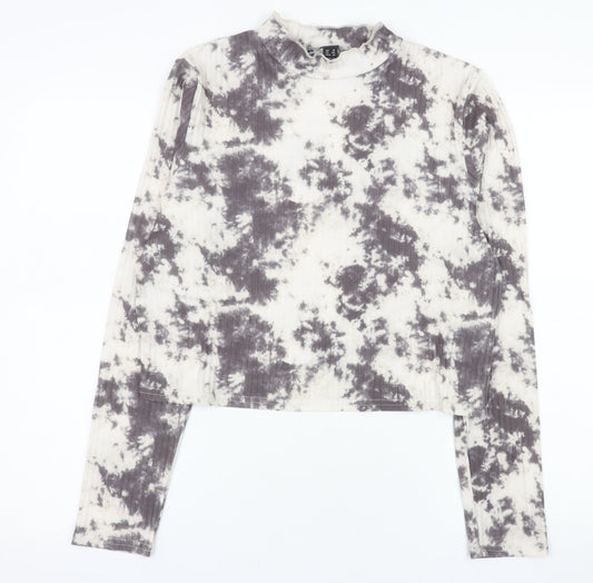 New Look Women Grey Tie-Dye Long Sleeve Mock Neck Cropped Top Size 18