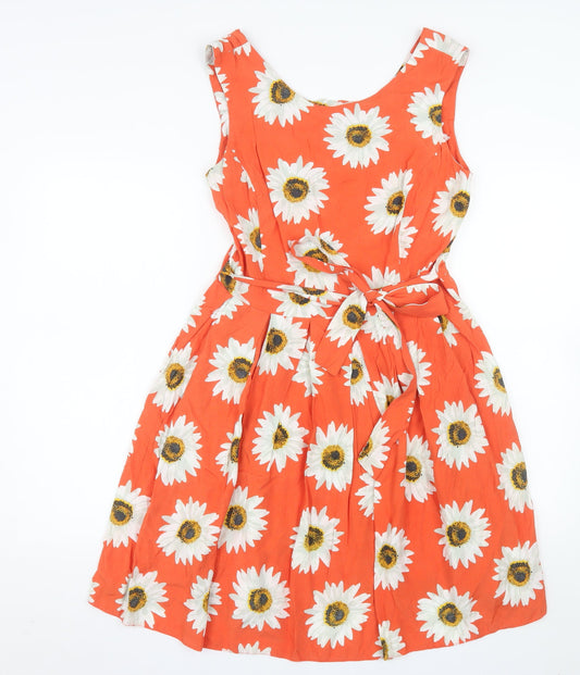 Dunnes Women’s Orange Floral Fit & Flare Sleeveless Dress Size 14