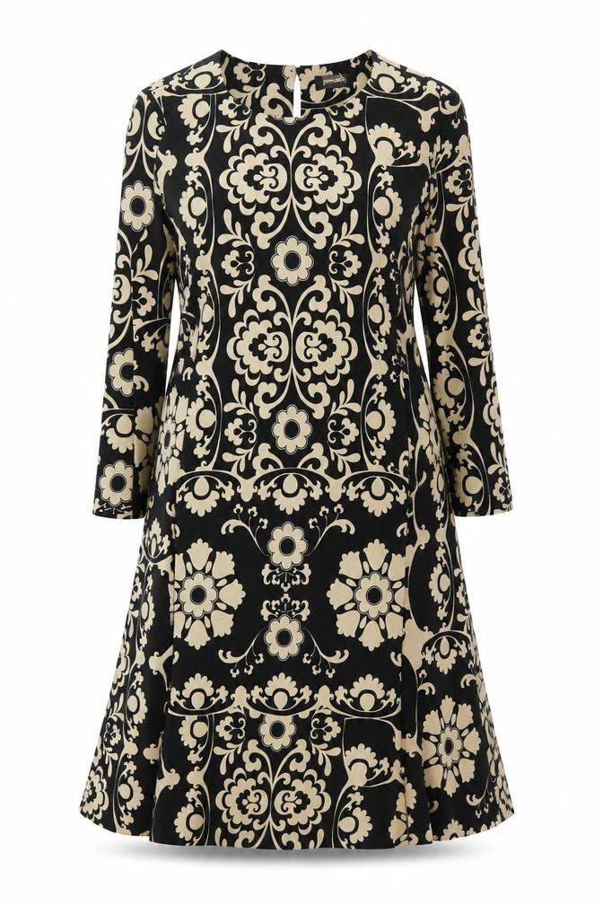 Pomodoro Women Black Beige Floral Shift Dress Size 14 Long Sleeve