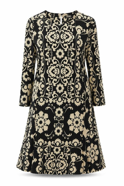 Pomodoro Women Black Beige Floral Shift Dress Size 14 Long Sleeve