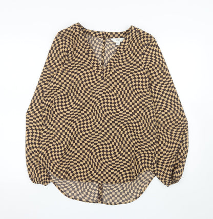Marks and Spencer Women's Brown Check Long Sleeve V-Neck Blouse Size 8 Regular