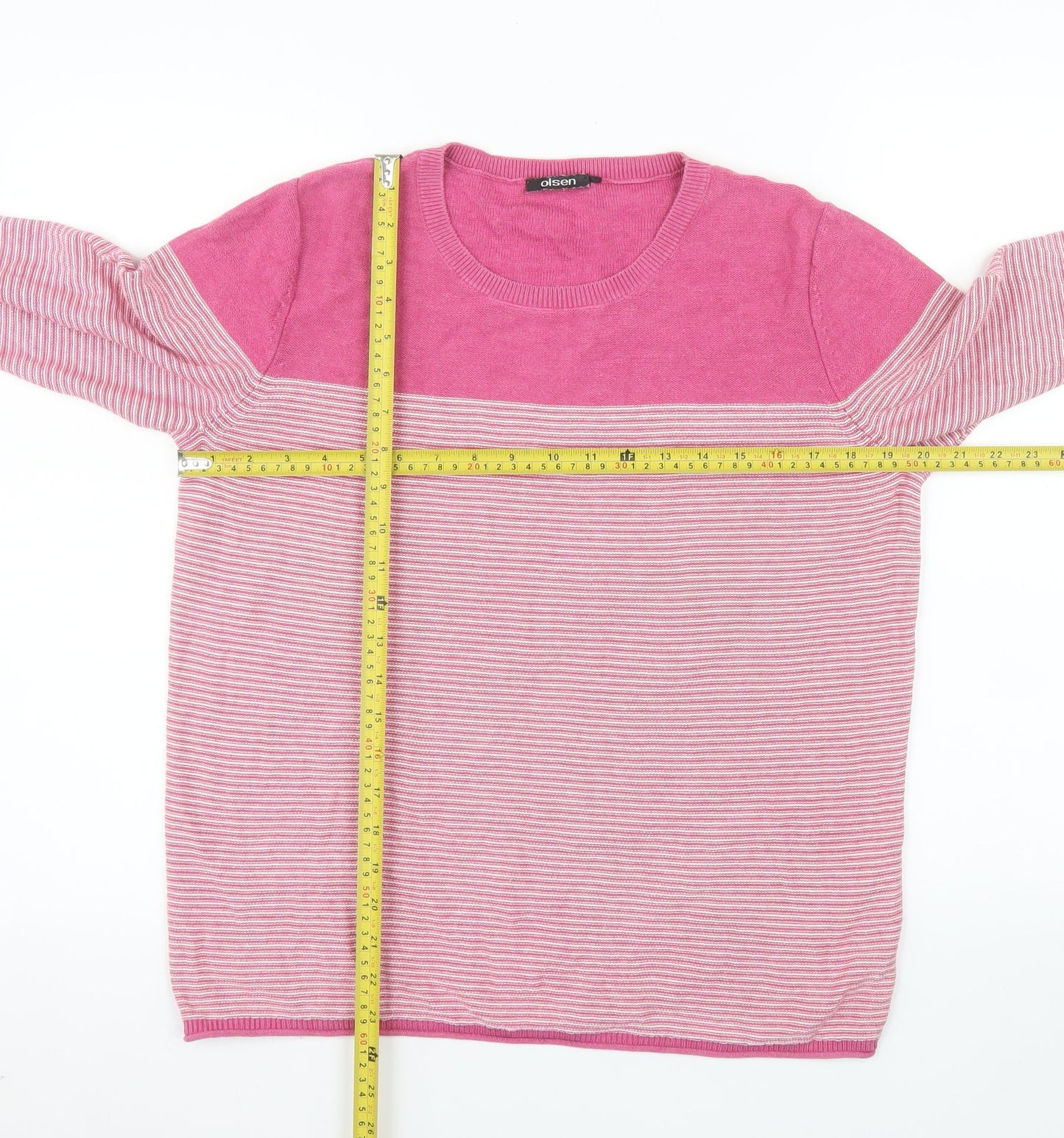 Olsen Womens Pink Striped Cotton Acrylic Crew Neck Jumper Size 16