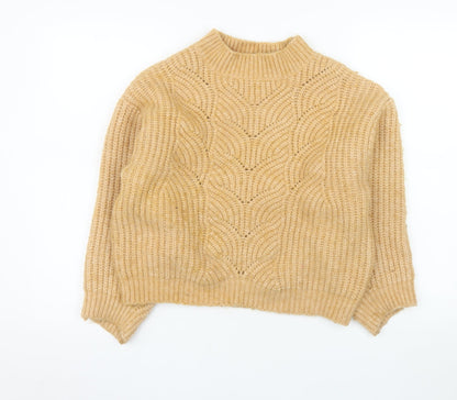 MNG Women Beige Chunky Knit Mock Neck Wool Blend Jumper M