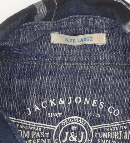 Jack & Jones Men's Blue Plaid Long Sleeve Cotton Shirt Size L