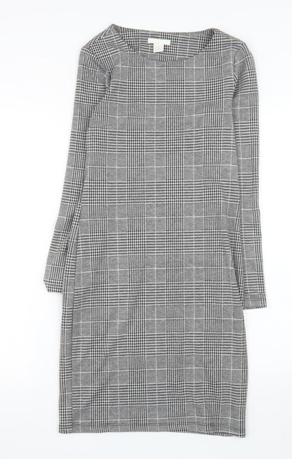 H&M Women Grey Check Shift Dress XS Long Sleeve Boat Neck