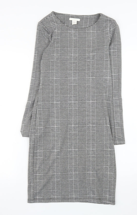 H&M Women Grey Check Shift Dress XS Long Sleeve Boat Neck