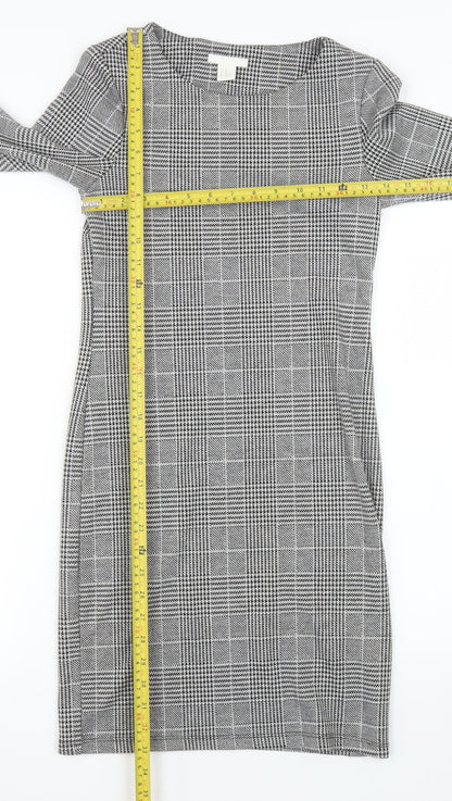 H&M Women Grey Check Shift Dress XS Long Sleeve Boat Neck