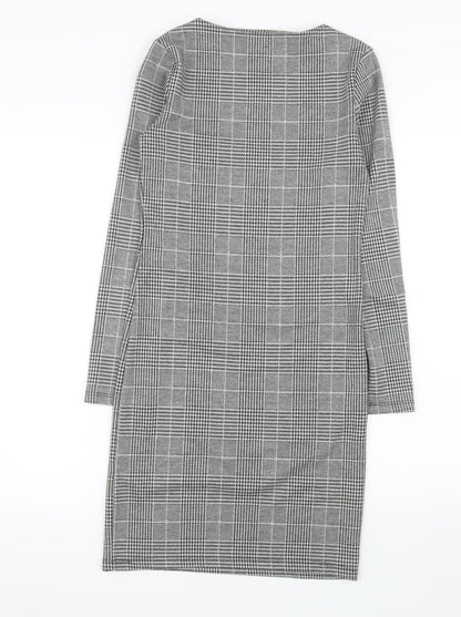 H&M Women Grey Check Shift Dress XS Long Sleeve Boat Neck