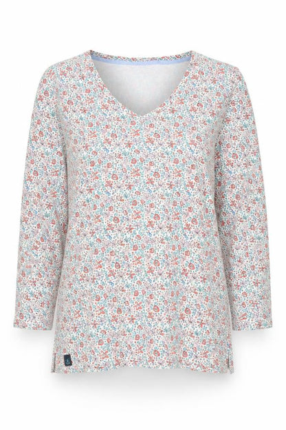 Lighthouse Womens Floral V-Neck Long Sleeve Cotton Top Size 14