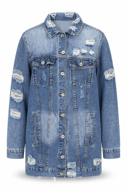 MISSPAP Women Blue Distressed Long Denim Jacket Size S