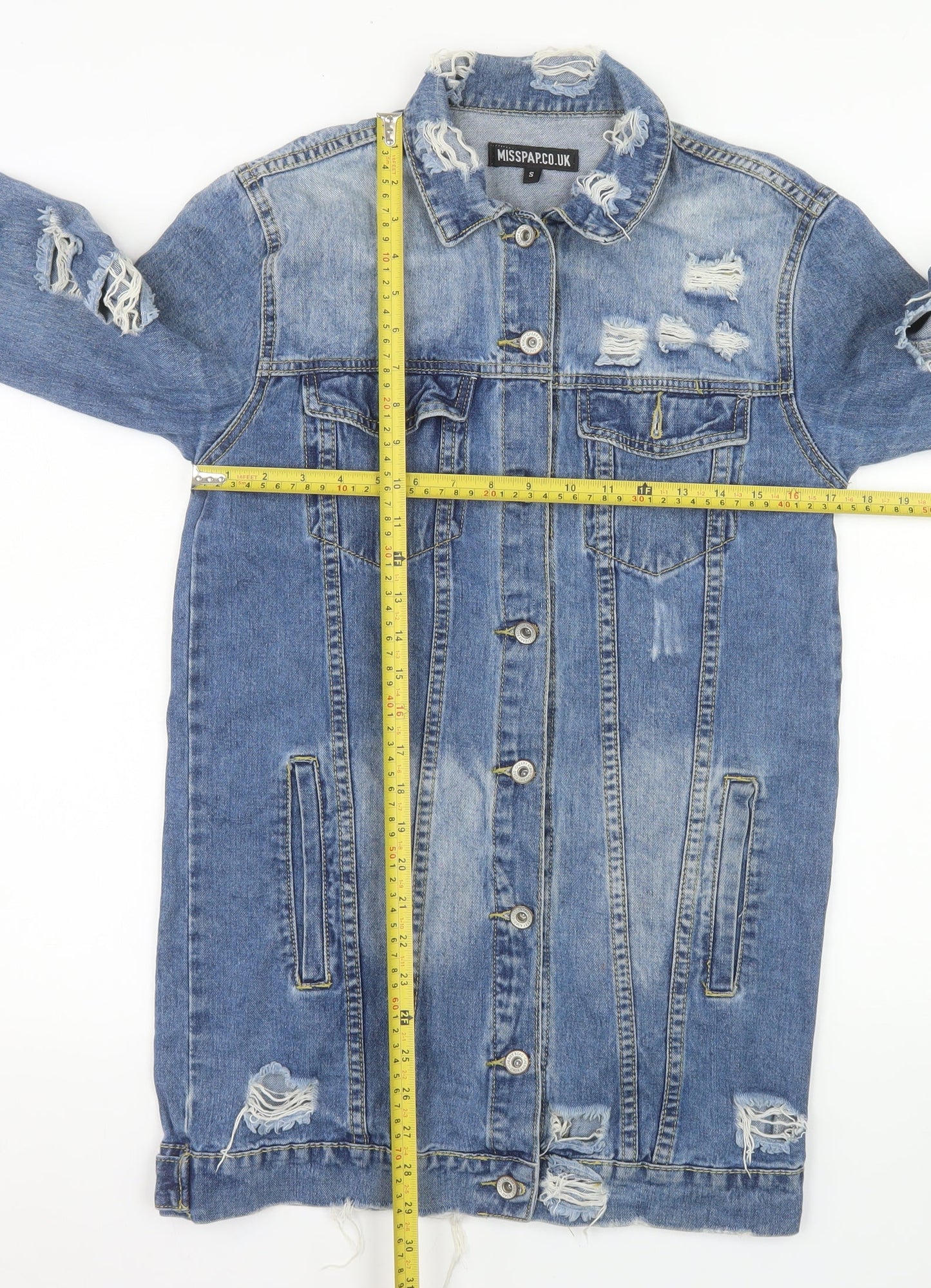 MISSPAP Women Blue Distressed Long Denim Jacket Size S