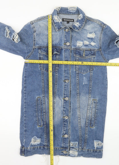 MISSPAP Women Blue Distressed Long Denim Jacket Size S