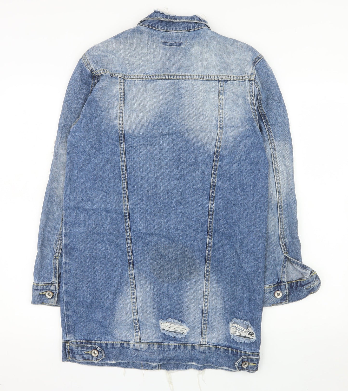 MISSPAP Women Blue Distressed Long Denim Jacket Size S