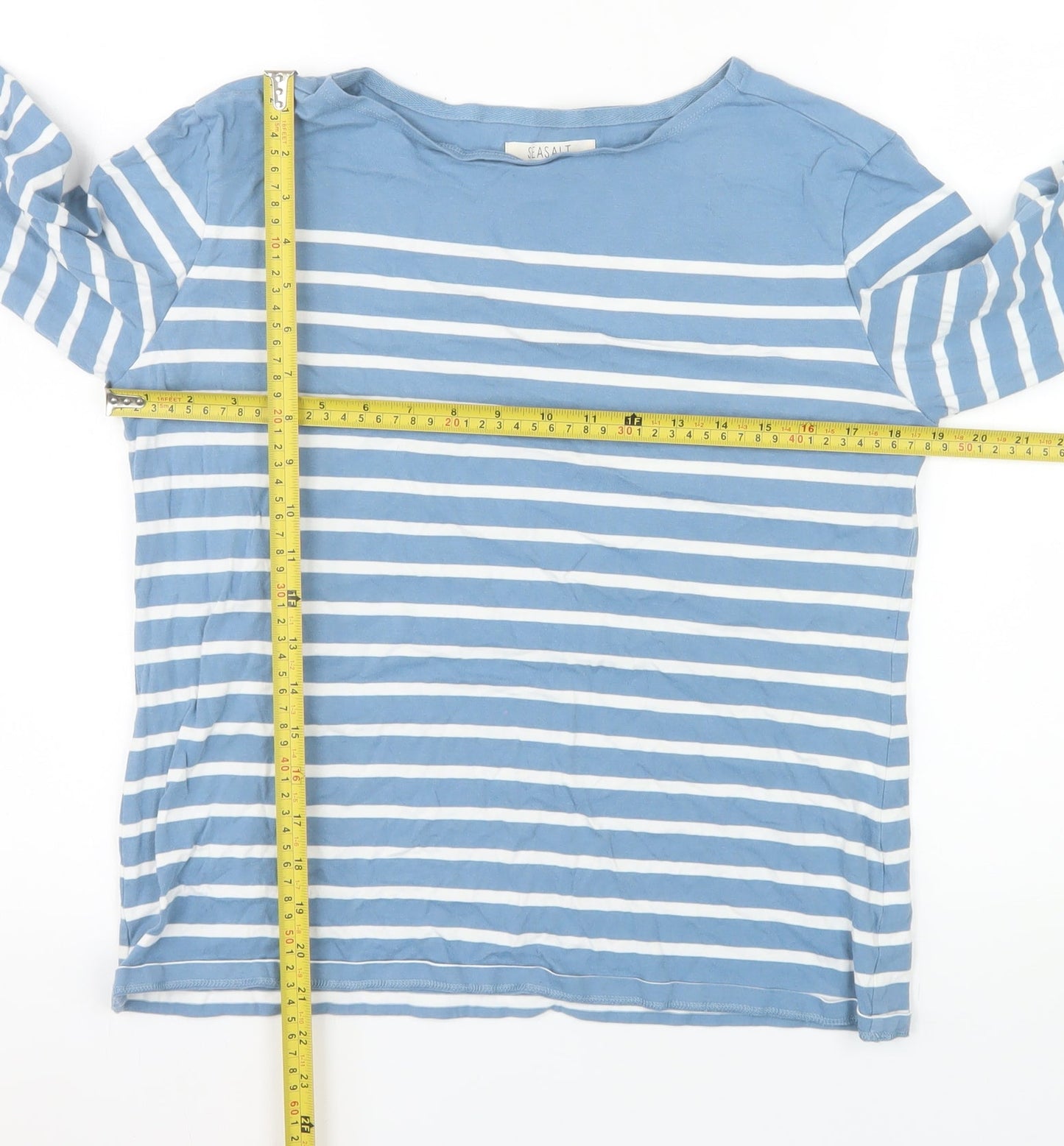Seasalt Women's Blue Striped Boat Neck 3/4 Sleeve Cotton Sailor Top Size 12