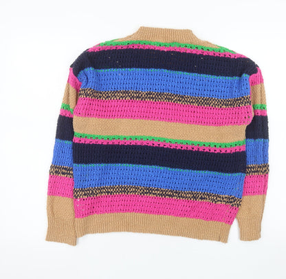 Gallery Women Beige Multicoloured Striped Knit Jumper Size M 100% Cotton