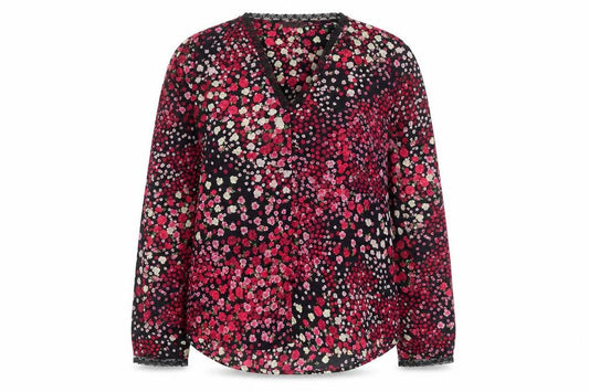 Front view of Gallery women’s multicoloured floral lace trim v-neck long sleeve blouse uk 12