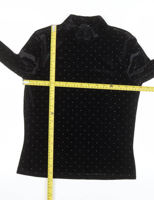 Monki Women Black Mock Neck Velvet Long Sleeve Top Size S