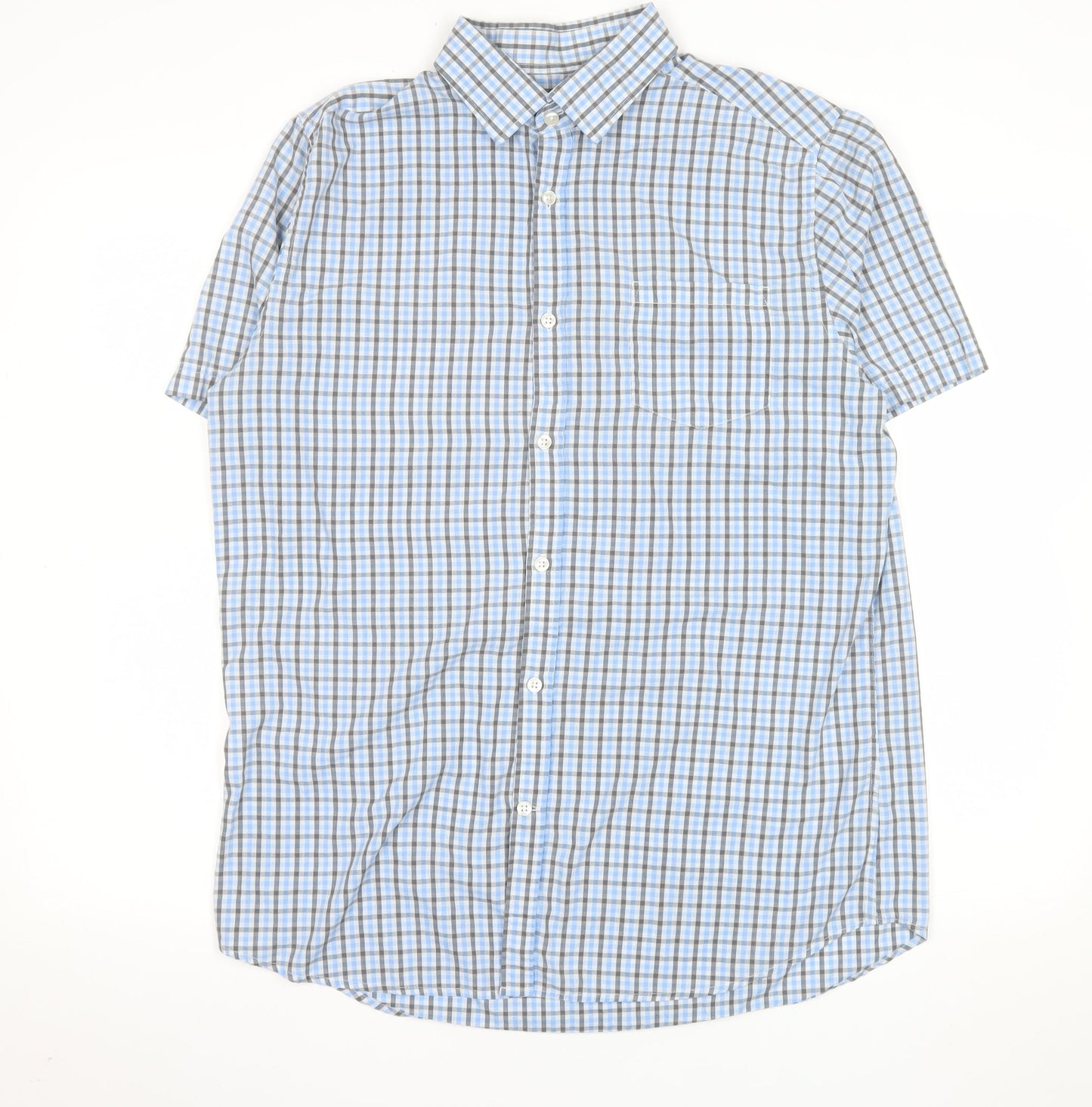 KIABI Men's Blue Check Short Sleeve Button-Up Shirt L Regular Fit