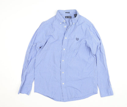 Chaps Men's Blue Check Cotton Button-Up Long Sleeve Shirt S Custom Fit