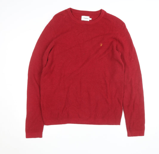 Farah Men's Red Cotton Crew Neck Jumper Size L Classic Knitwear