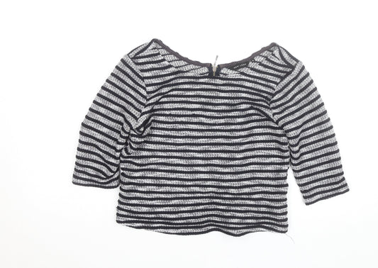 New Look Women’s Black Striped Knit Blouse Size 8 Zip Back 3/4 Sleeve