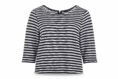 New Look Women’s Black Striped Knit Blouse Size 8 Zip Back 3/4 Sleeve