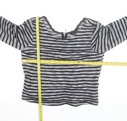 New Look Women’s Black Striped Knit Blouse Size 8 Zip Back 3/4 Sleeve
