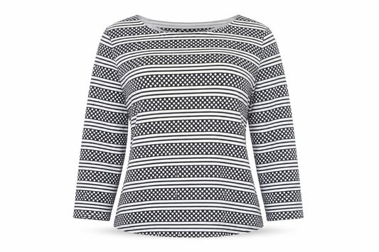 Front view of Principles by Ben de Lisi Women's Black White Striped Long Sleeve Jersey Top, size 10