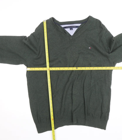 Tommy Hilfiger Mens Green V-Neck Cotton Jumper Size L