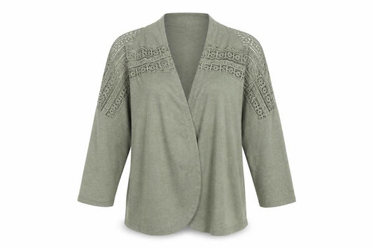 Front view of Dunnes Women’s Green Crochet Detail Kimono Blouse M