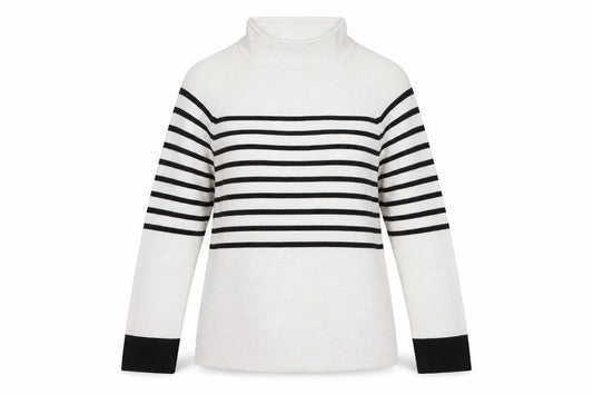 Front view of Savoir women’s black white striped high neck knit jumper large