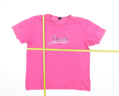 Diesel Womens Pink Sequin Logo Cotton T-Shirt XL