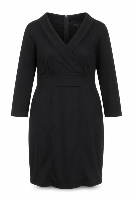 Front view of Dunnes Women’s Black V-Neck Sheath Knee Length Work Dress, size UK 18
