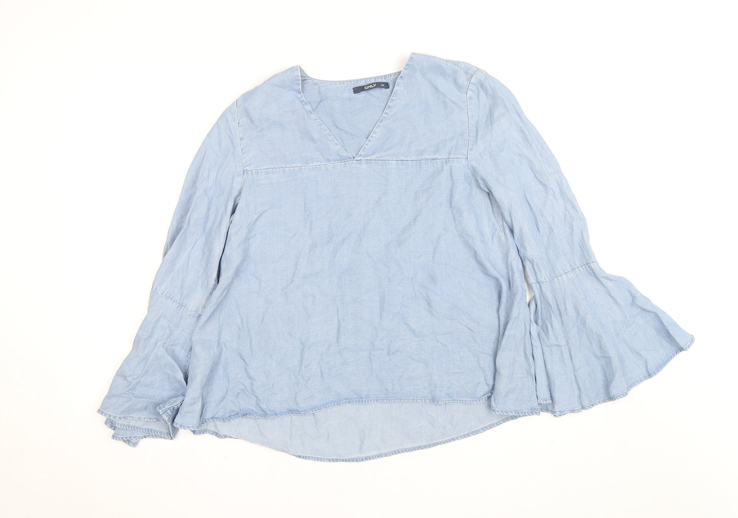 ONLY Women's Blue Cotton Tunic Blouse Size 10 V-Neck Bell Sleeve