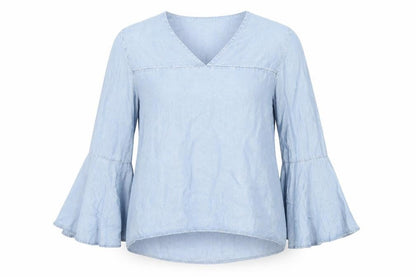 ONLY Women's Blue Cotton Tunic Blouse Size 10 V-Neck Bell Sleeve