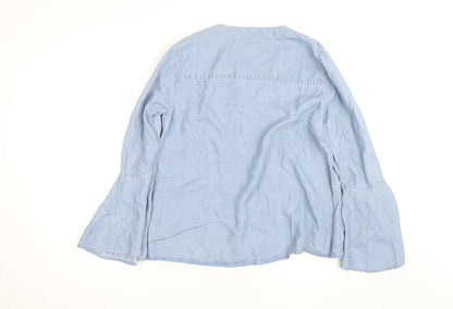 ONLY Women's Blue Cotton Tunic Blouse Size 10 V-Neck Bell Sleeve