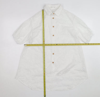 SHEIN White Floral Embroidered Button-Up Shirt Teens L